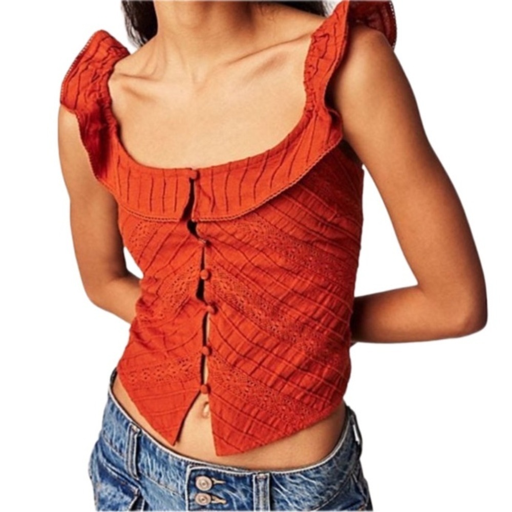 FREE PEOPLE Orange Sleeveless Ruffled Blouse